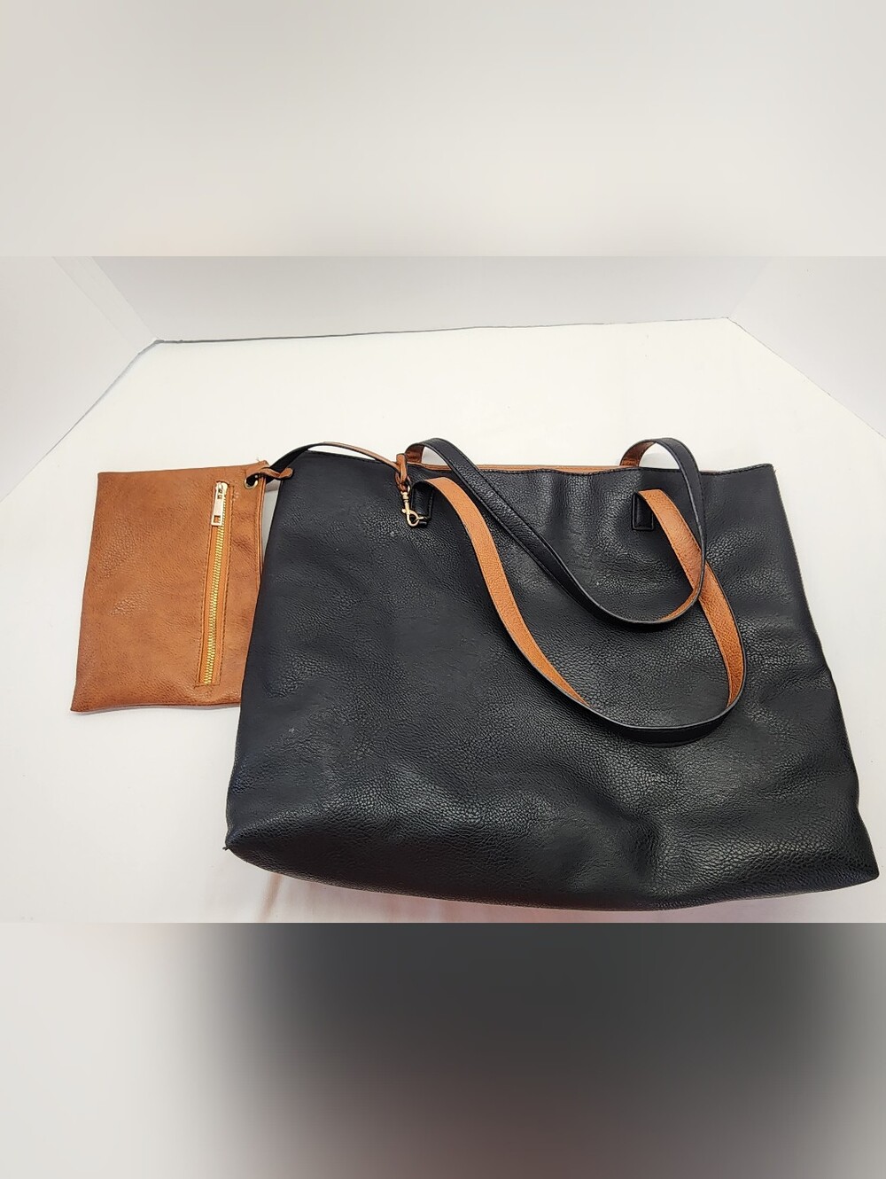 Black and Tan Two-Tone Leather Tote Bag with Removable Pouch